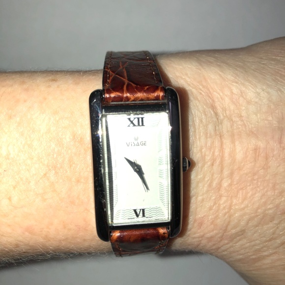 VISAGE Polished Nickel Scallop Face Brown Leather Vintage Analog Tank Watch EUC - Picture 3 of 16